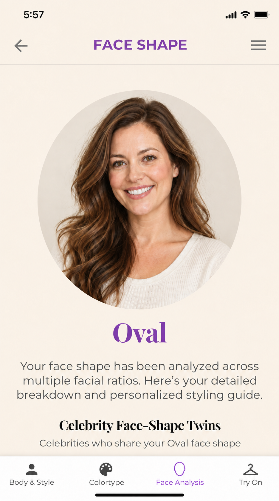 Face Analysis demonstration: FACE SHAPE screen with an AI-generated portrait, an illustrative Oval result, and Face Analysis selected in the bottom navigation.